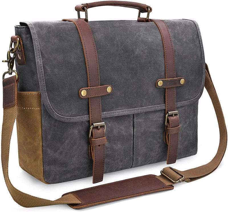 NEWHEY Mens Messenger Bag 15.6 Inch Waterproof Vintage Genuine Leather Waxed Canvas Briefcase Large Satchel Shoulder Bag Rugged Leather Computer Laptop Bag, Grey - Image 1